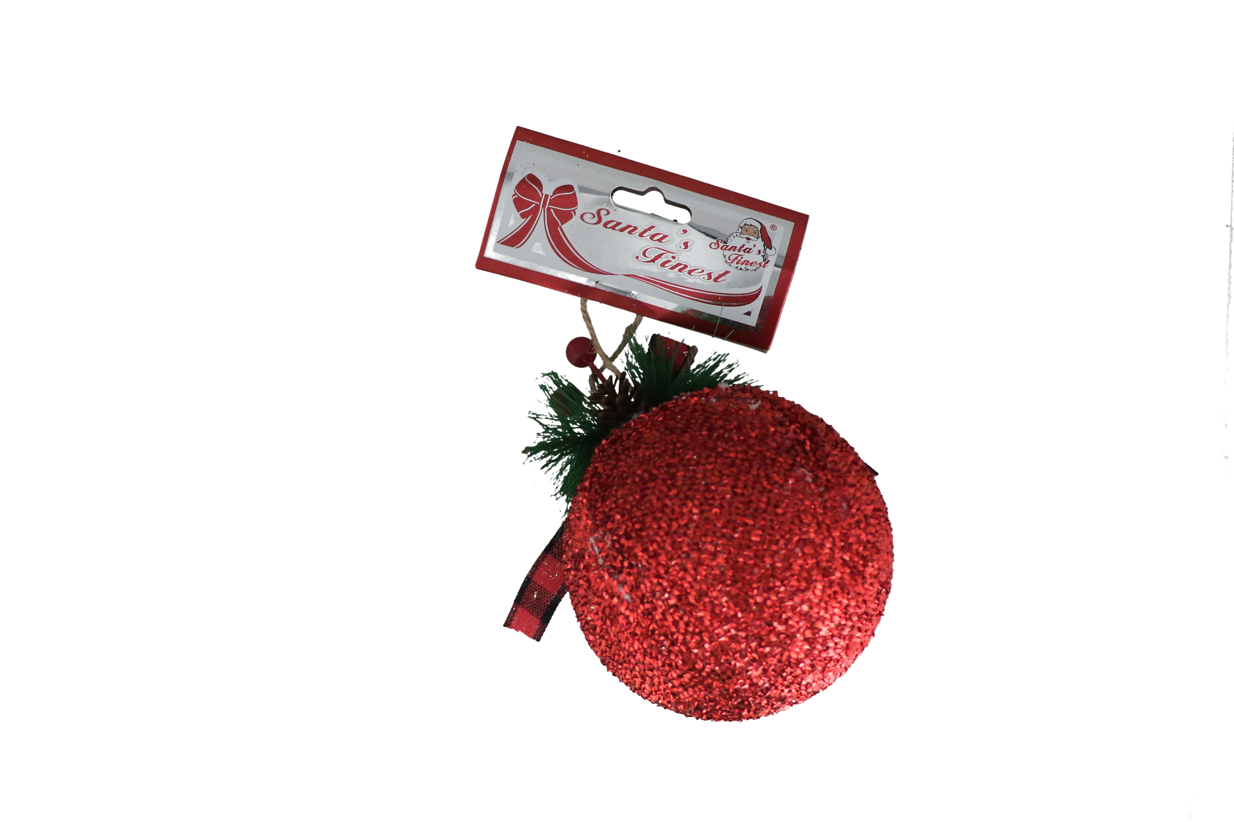 1.99 BALL W/ BOW&PINE DECOR RED 1PC