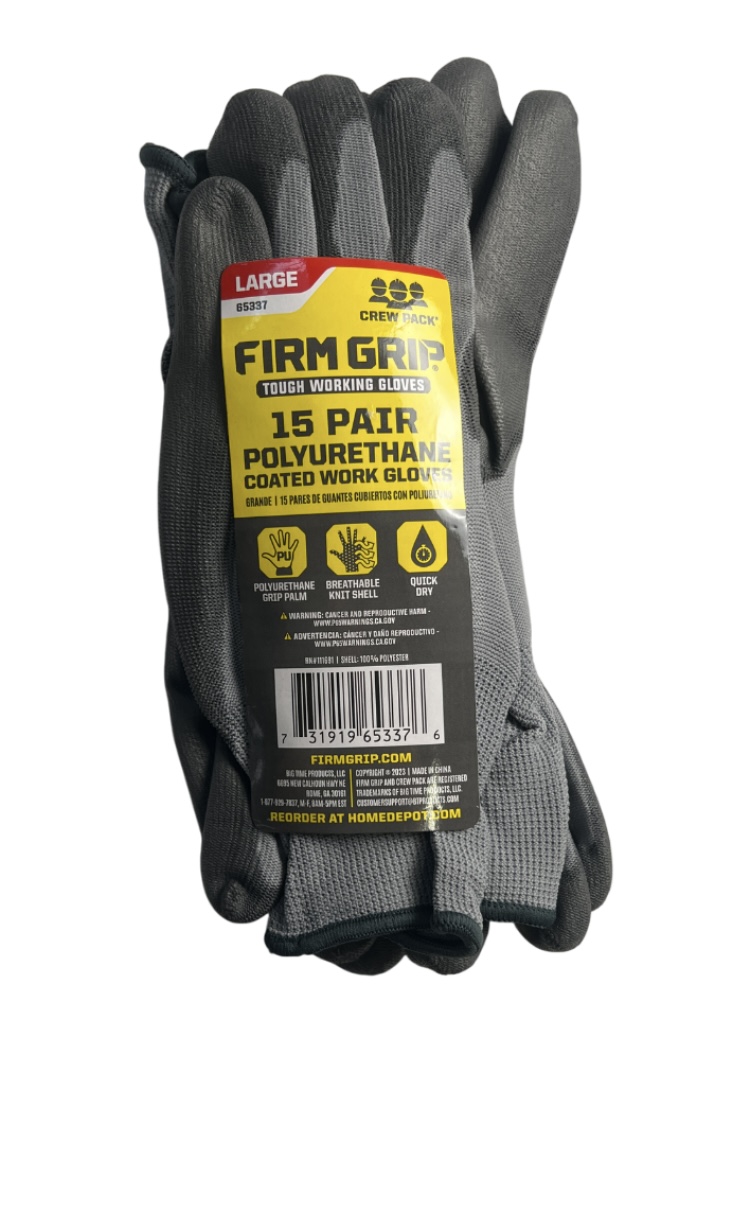 9.99 FIRM GRIP 15 PAIR POLYURETHANE COATED WORK GLOVES LARGE