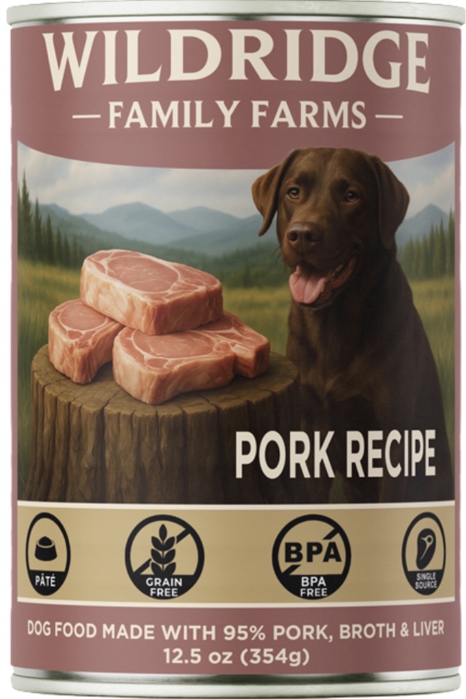 4.99 WILDRIDGE FAMILY FARMS PORK RECIPE 12.5 OZ DOG FOOD