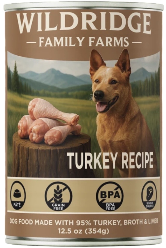 4.99 WILDRIDGE FAMILY FARMS TURKEY RECIPE 12.5 OZ DOG FOOD