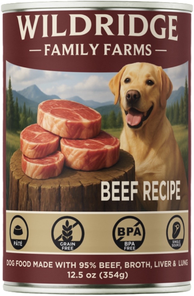 4.99 WILDRIDGE FAMILY FARMS BEEF RECIPE 12.5 OZ DOG FOOD