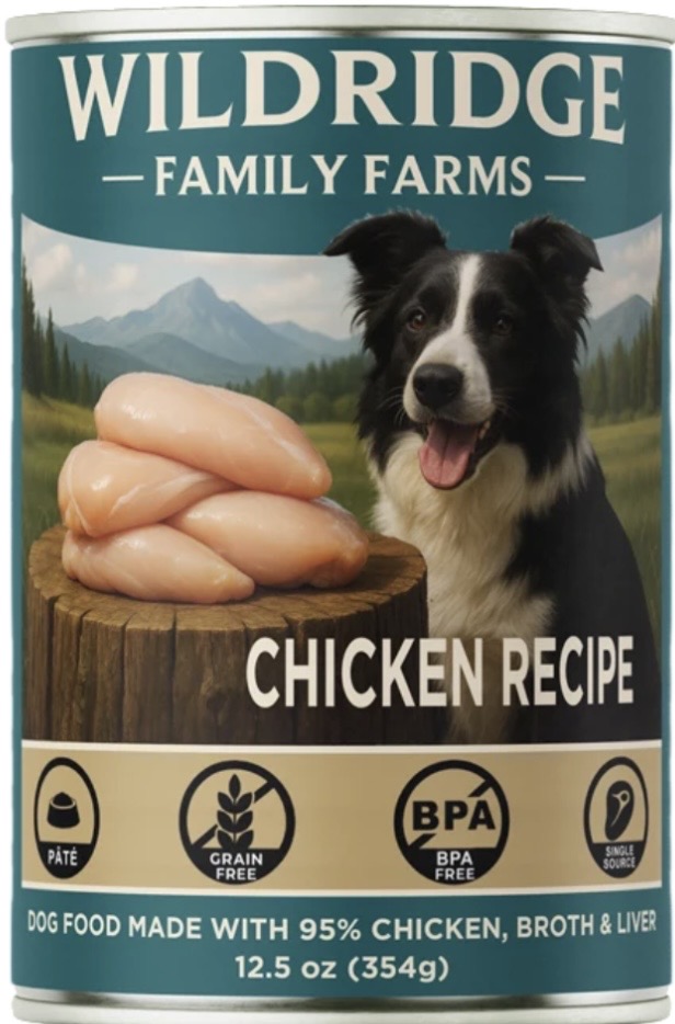 4.99 WILDRIDGE FAMILY FARMS CHICKEN RECIPE 12.5 OZ  DOG FOO