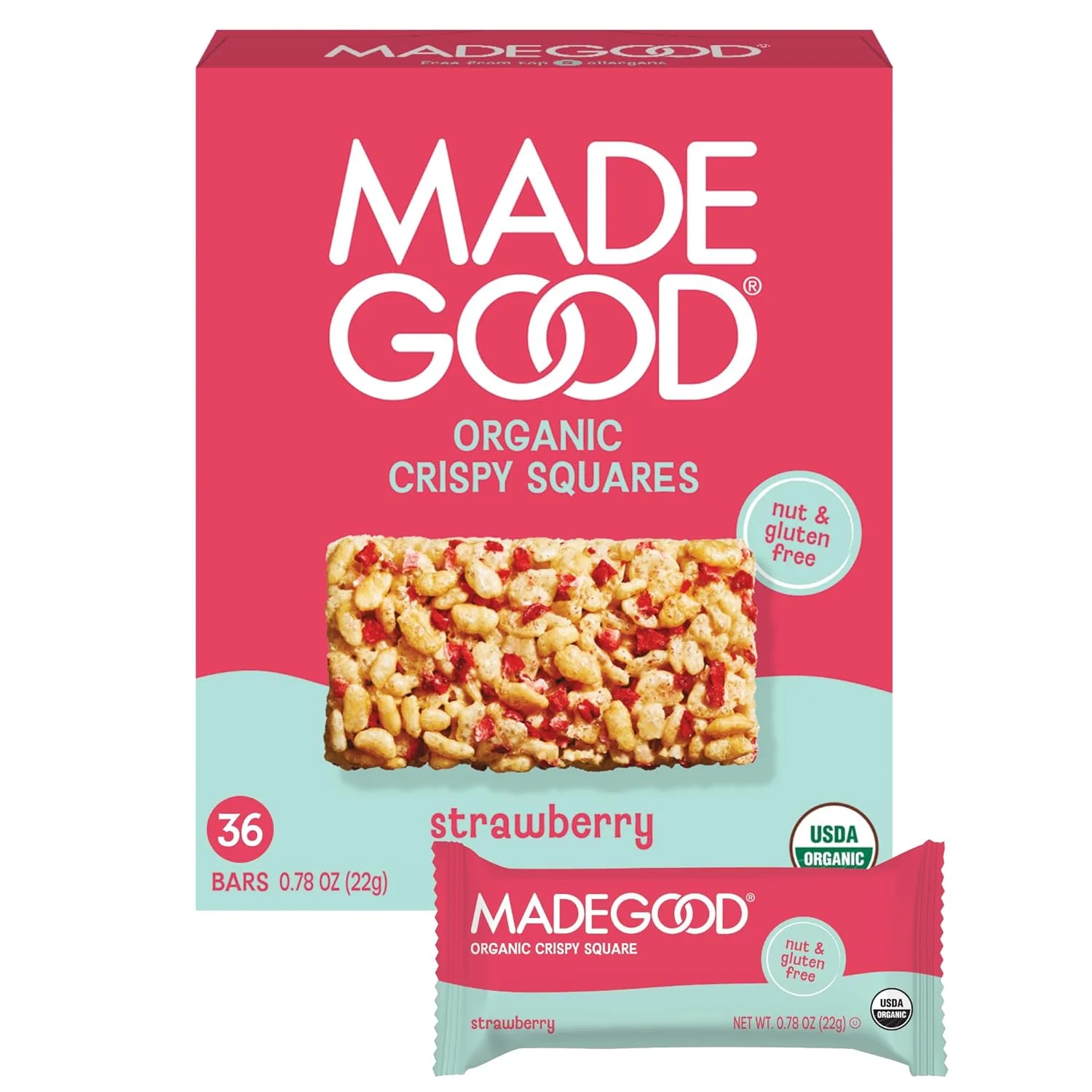 3.99 MADE GOOD ORGANIC CRISPY SQAURES 6 BARS STRAWBERRY 0.78 OZ PER BAR