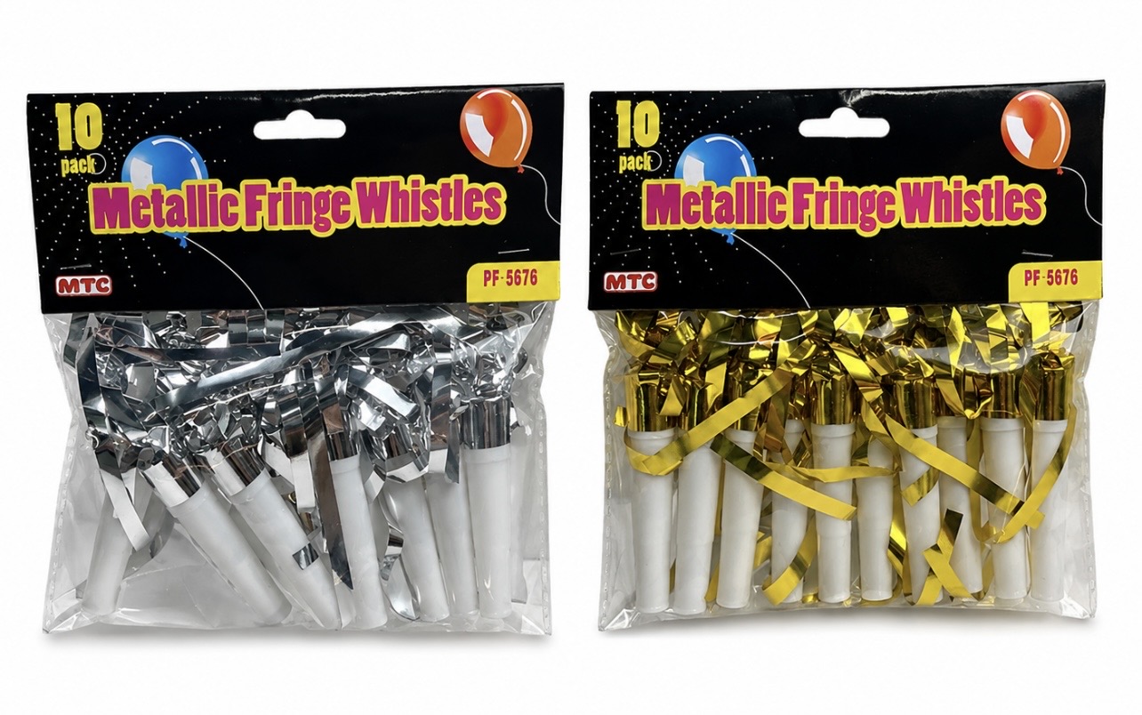 FOIL METALLIC FRINGE WHISTLES 10 PACK