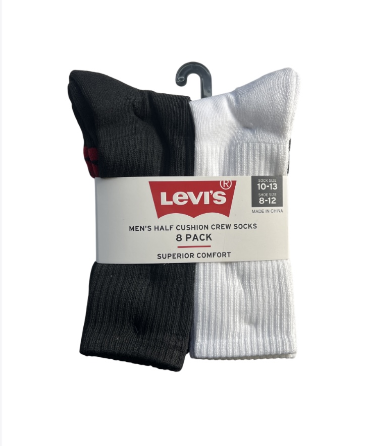 9.99 LEVIS MENS HALF CUSHION CREW SOCKS 8 PACK 