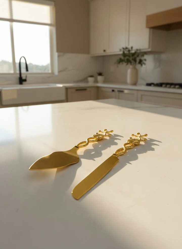 13.99 CAKE KNIFE & SERVER SET-GOLD